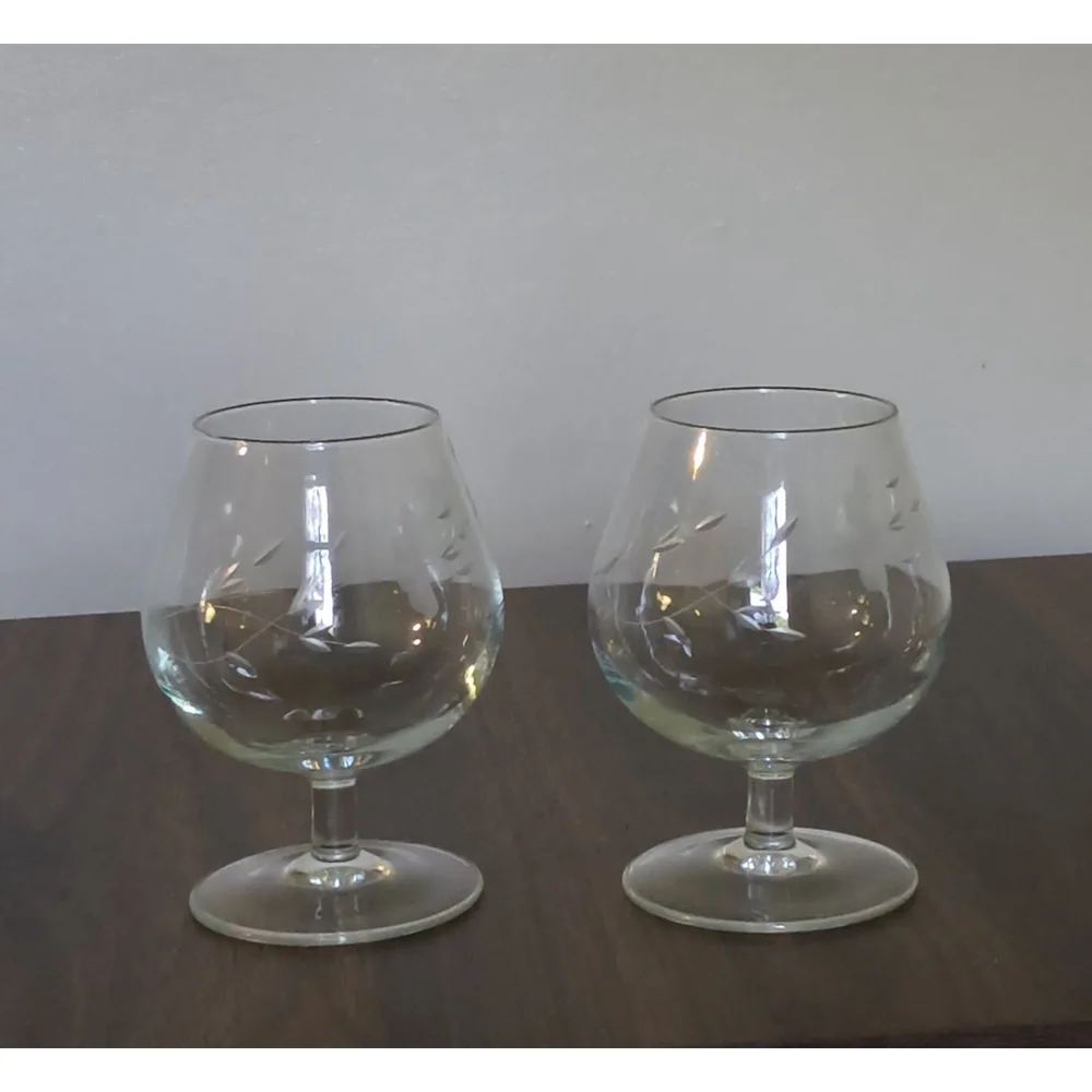 2 Princess House Heritage Collection Brandy Snifter Blown Glass Etched Floral